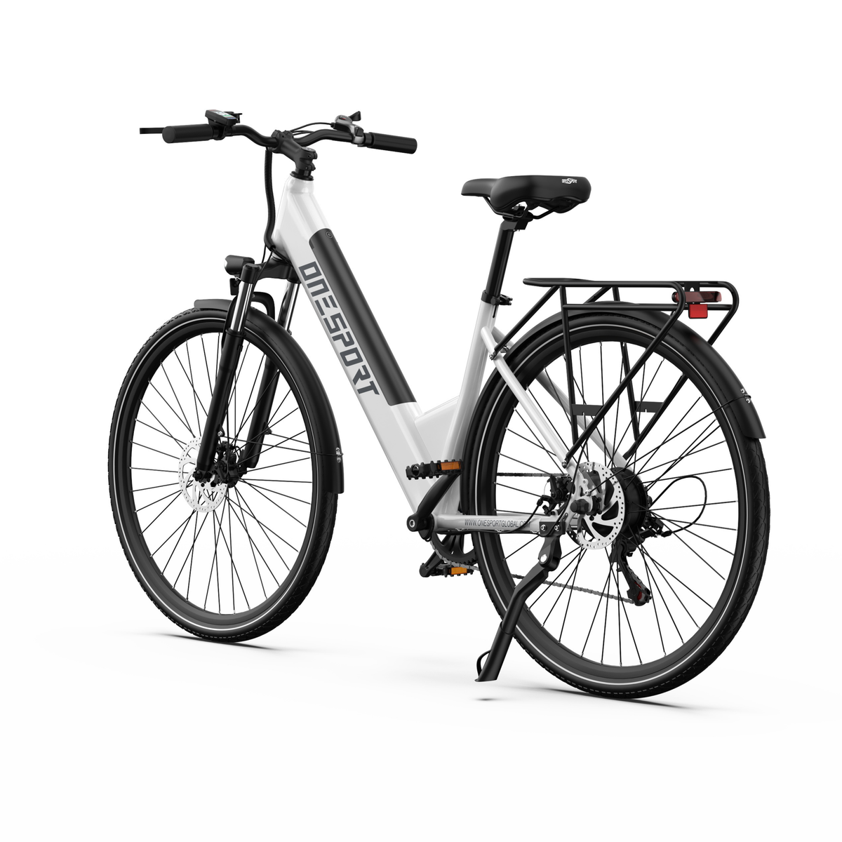 OneSport OT12 Pro, bicicleta eléctrica blanca vista trasera en ángulo con portaequipajes, luz trasera y caballete lateral