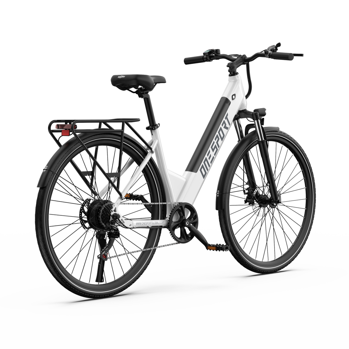 OneSport OT12 Pro, bicicleta eléctrica blanca vista trasera en ángulo desde el otro lado, con sillín y portaequipajes