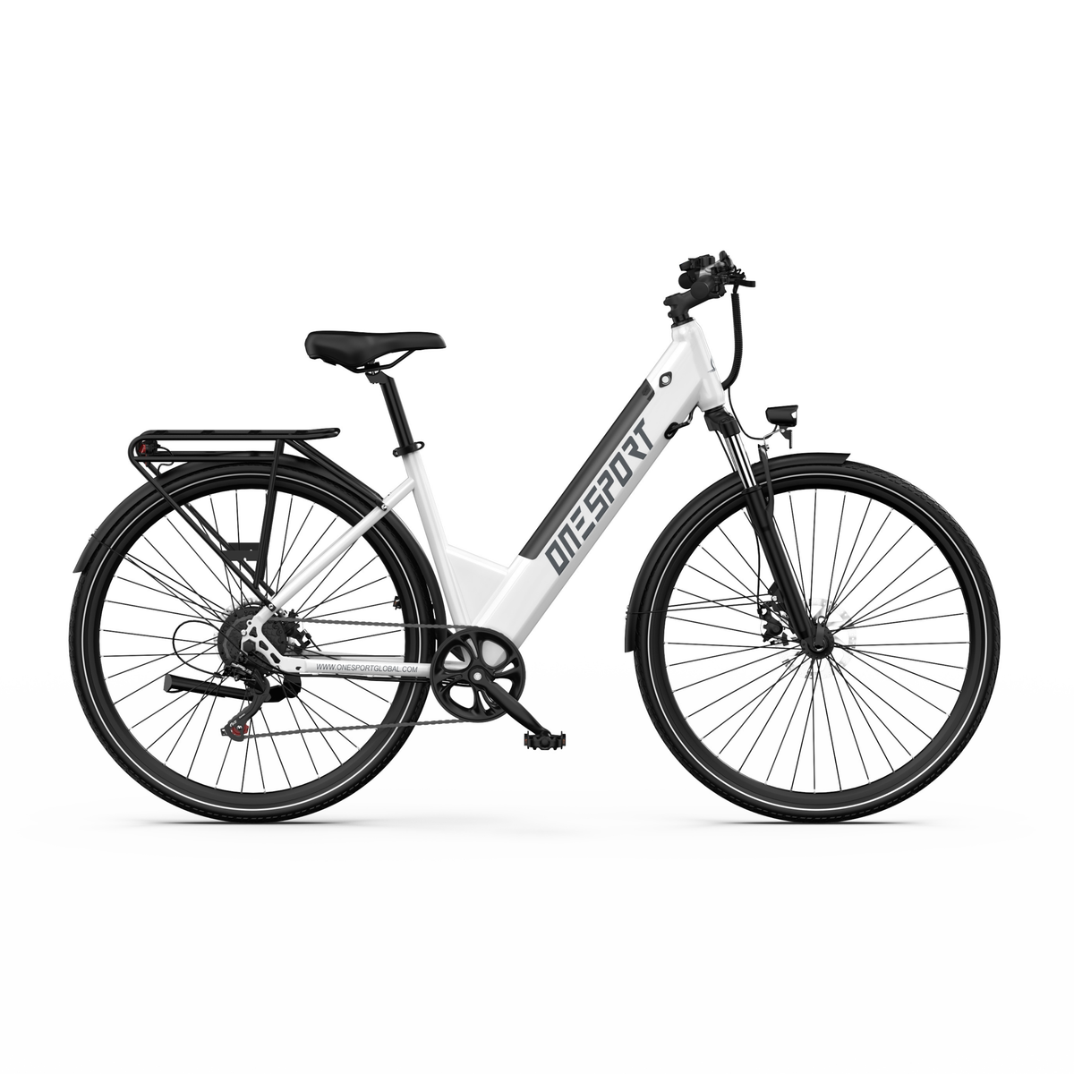 OneSport OT12 Pro, bicicleta eléctrica blanca vista lateral con cuadro bajo, portaequipajes y guardabarros
