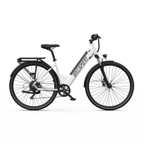 OneSport OT12 Pro, bicicleta eléctrica blanca vista lateral con cuadro bajo, portaequipajes y guardabarros
