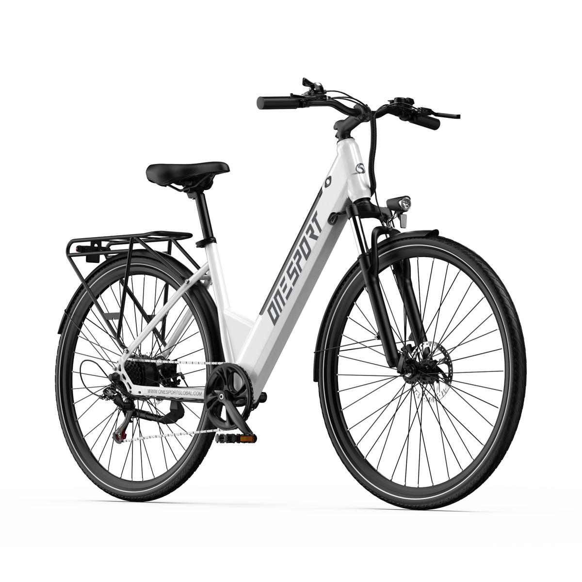OneSport OT12 Pro, bicicleta eléctrica blanca vista frontal en ángulo con manillar, luz delantera y portaequipajes