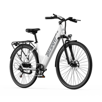 OneSport OT12 Pro, bicicleta eléctrica blanca vista frontal en ángulo con manillar, luz delantera y portaequipajes