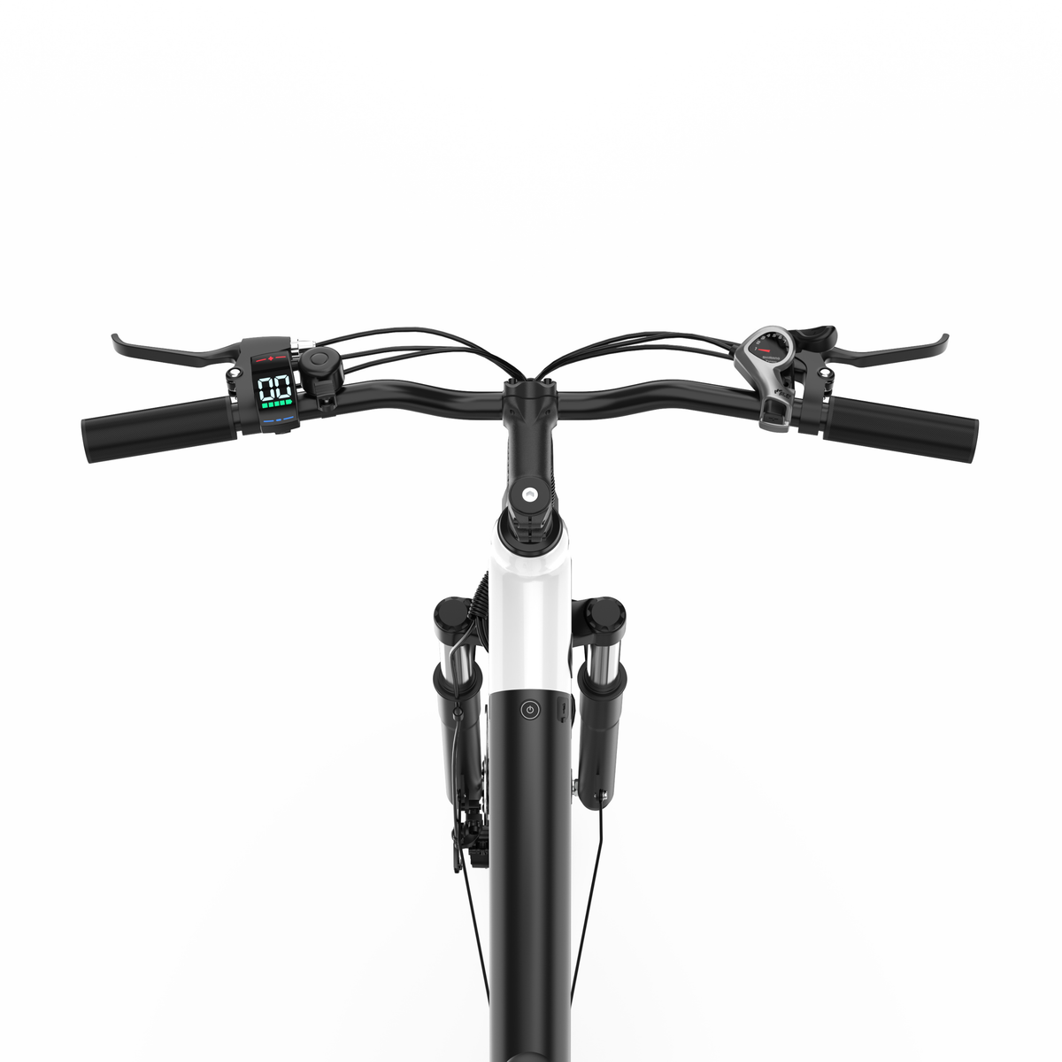 OneSport OT12 Pro, manillar visto de frente con pantalla, timbre, mando de cambio y maneta de freno