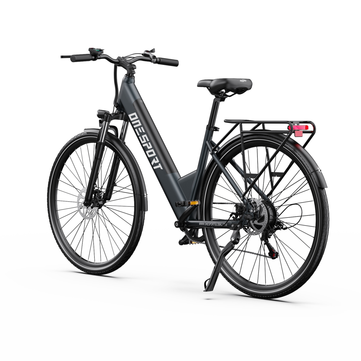 Bicicleta eléctrica OneSport OT12 Pro en diagonal desde delante con manillar, pantalla, portaequipajes, luz trasera y pata de cabra