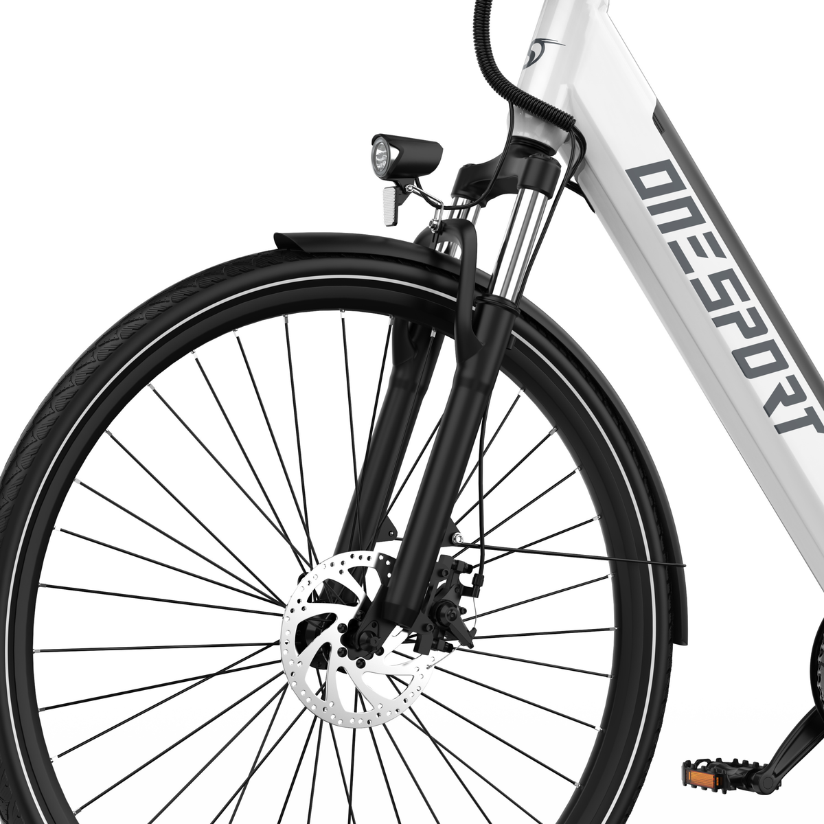 Rueda delantera con freno de disco y guardabarros de la OneSport OT12 Pro, cuadro blanco con el texto ONESPORT