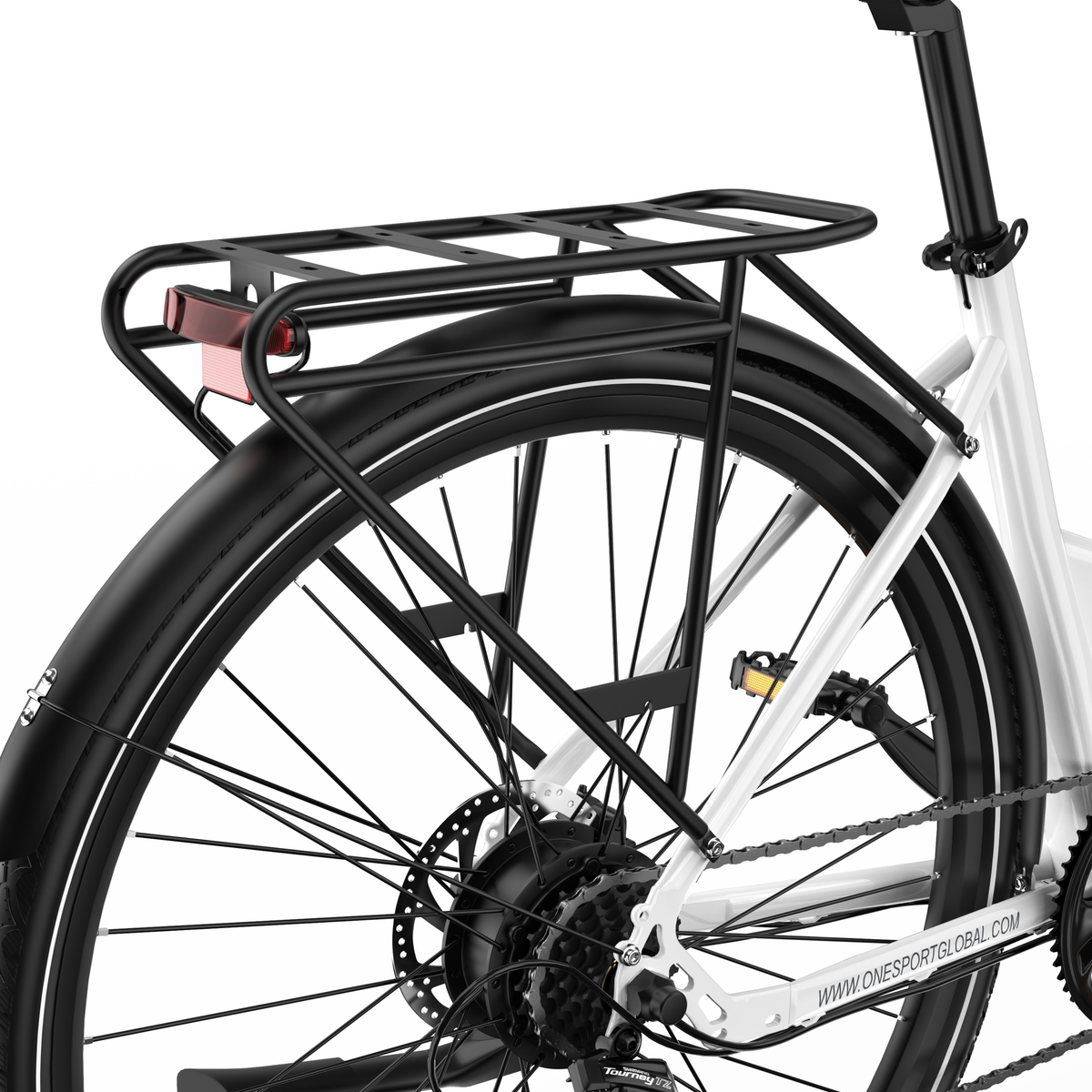 OneSport OT12 Pro, rueda trasera con portaequipajes negro, guardabarros y luz trasera roja