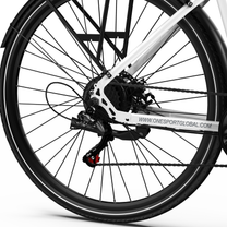 OneSport OT12 Pro, primer plano de la rueda trasera con portaequipajes, cadena y cambio trasero en un cuadro blanco