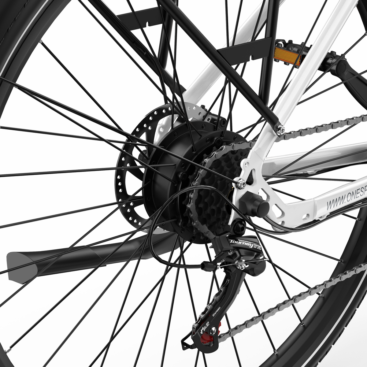 OneSport OT12 Pro, primer plano del buje de la rueda trasera con disco de freno, cassette y cambio trasero