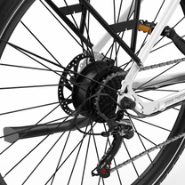 OneSport OT12 Pro, primer plano del buje de la rueda trasera con disco de freno, cassette y cambio trasero
