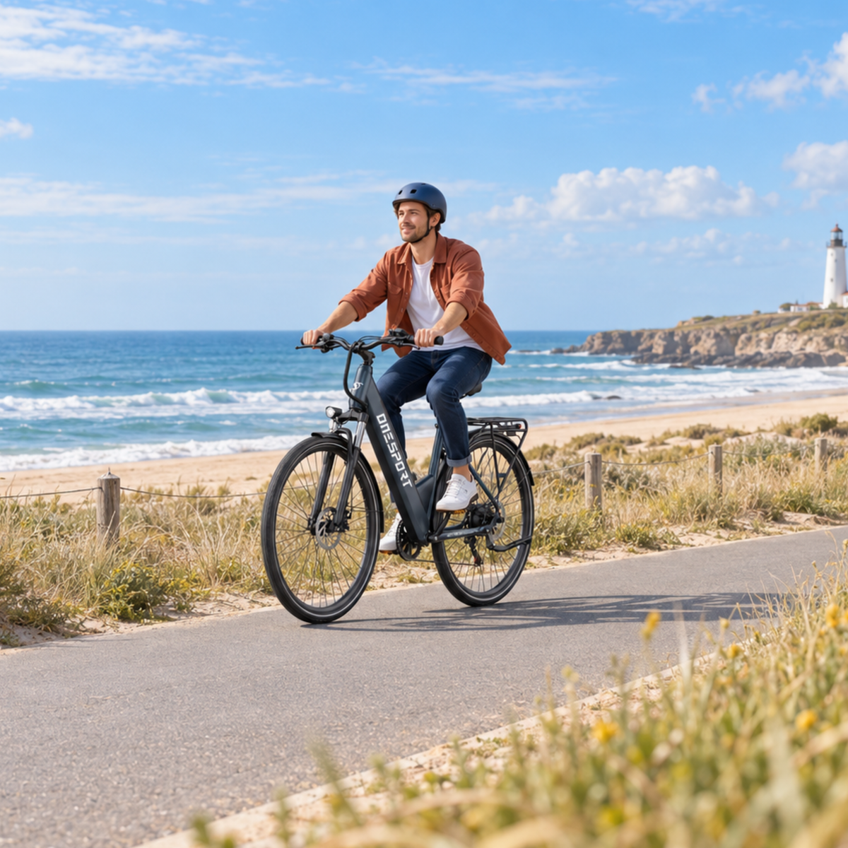 Hombre con casco en bicicleta sobre una OneSport OT12 Pro por una carretera costera con mar y faro al fondo