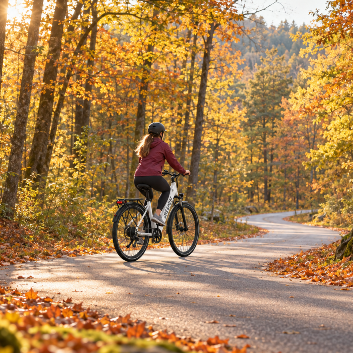 Mujer con casco en bicicleta sobre una OneSport OT12 Pro blanca por un camino forestal entre hojas de otoño