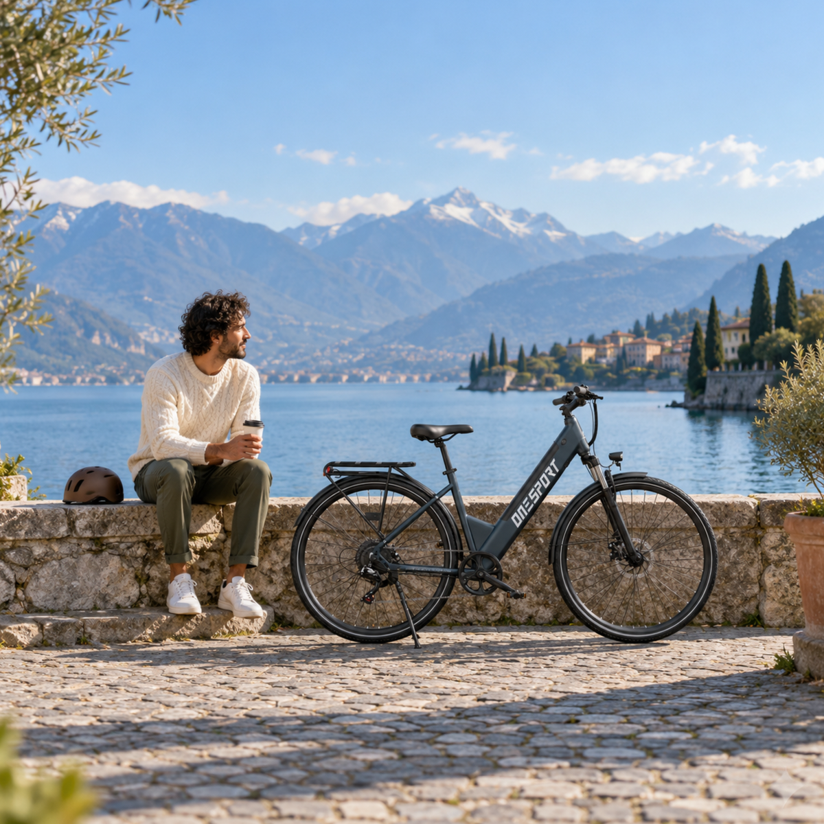 Bicicleta eléctrica OneSport OT12 Pro en un muelle empedrado junto a un lago, con un hombre sentado en el muro al lado y montañas al fondo