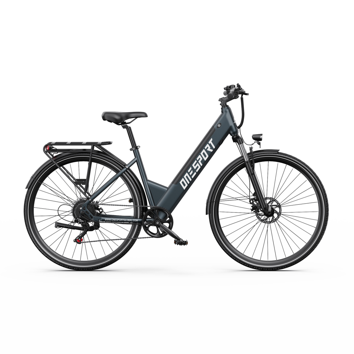 Bicicleta eléctrica OneSport OT12 Pro vista de lado con paso bajo, portaequipajes y guardabarros