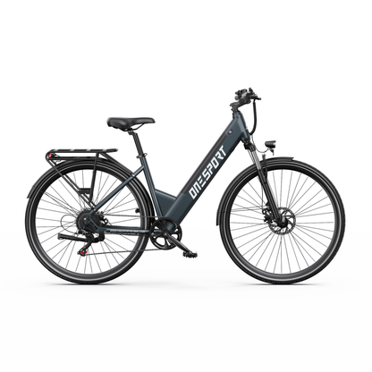 Bicicleta eléctrica OneSport OT12 Pro vista de lado con paso bajo, portaequipajes y guardabarros