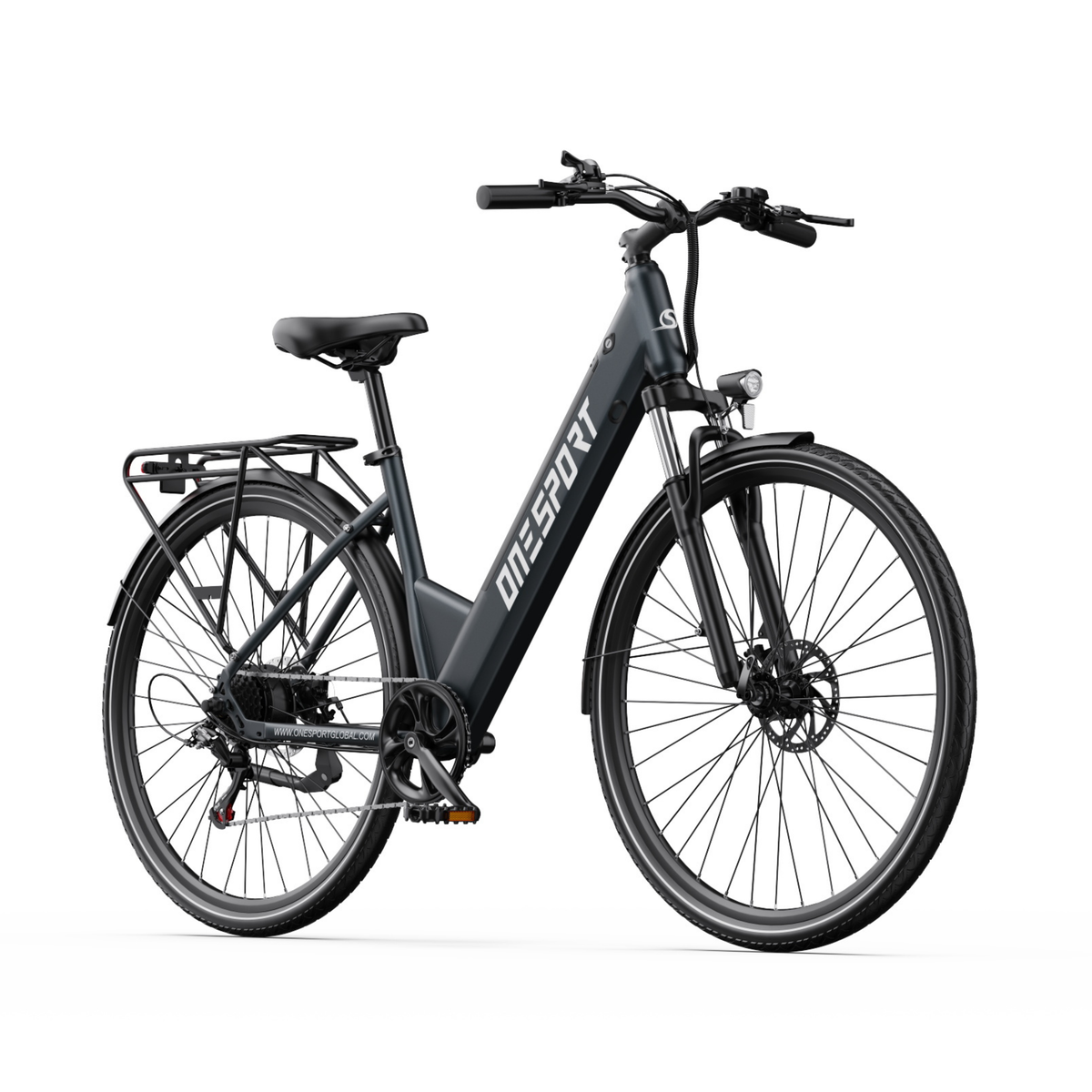 Bicicleta eléctrica OneSport OT12 Pro en vista diagonal frontal con manillar, faro delantero y portaequipajes