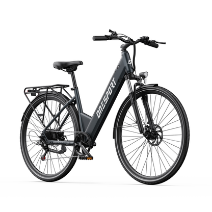 Bicicleta eléctrica OneSport OT12 Pro en vista diagonal frontal con manillar, faro delantero y portaequipajes