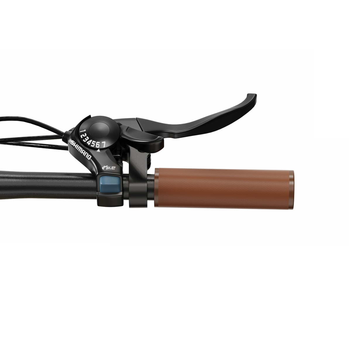 OneSport OT16 Pro, primer plano de la maneta de freno, el mando de cambio Shimano y el puño marrón