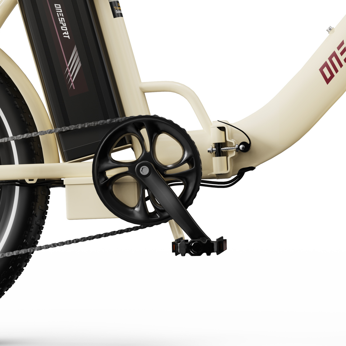 OneSport OT16 Pro, primer plano del plato, la biela, el pedal, la cadena y la bisagra del cuadro