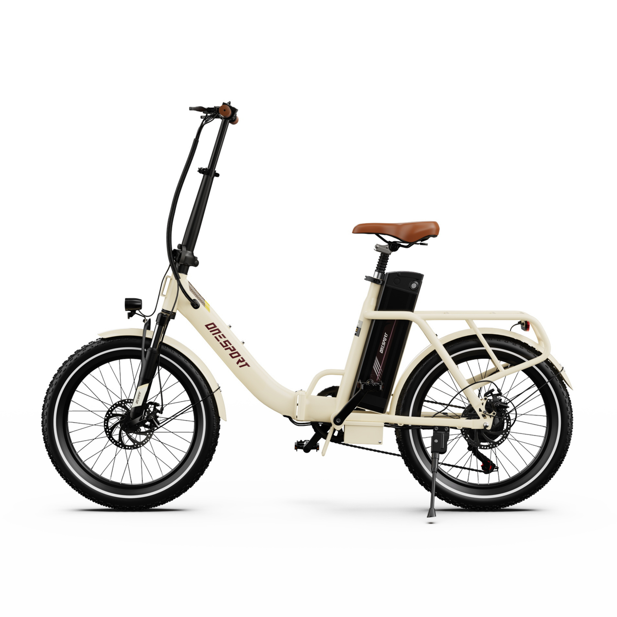 Bicicleta eléctrica OneSport OT16 Pro vista de lado, con cuadro de paso bajo, sillín marrón, batería y portaequipajes