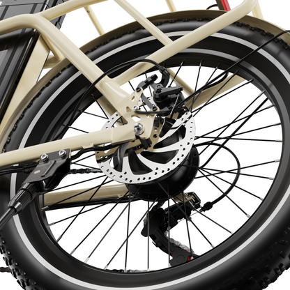 OneSport OT16 Pro, primer plano de la rueda trasera con freno de disco, radios y cambio junto al cuadro beige