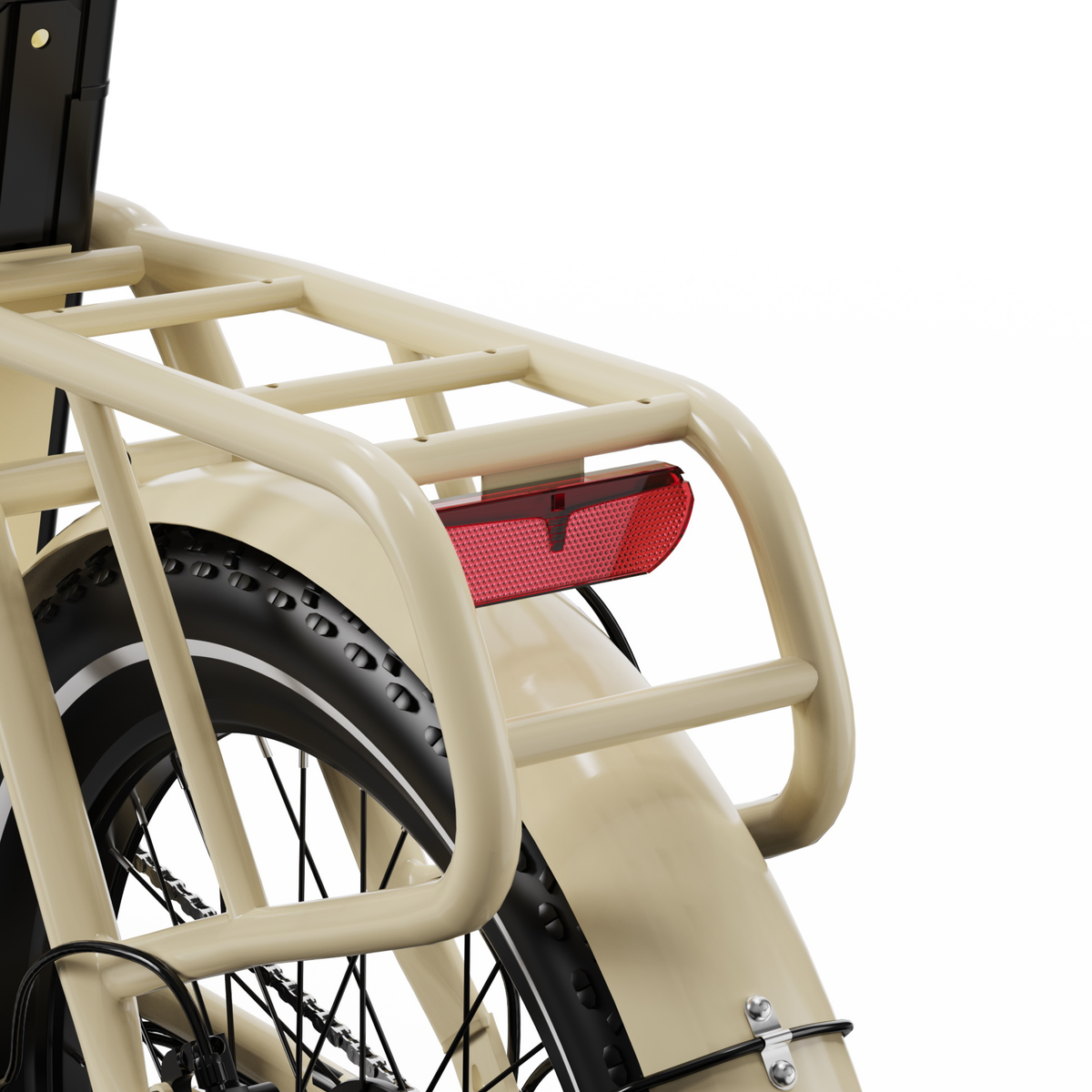 OneSport OT16 Pro, primer plano del portaequipajes beige con reflectante trasero rojo y guardabarros trasero