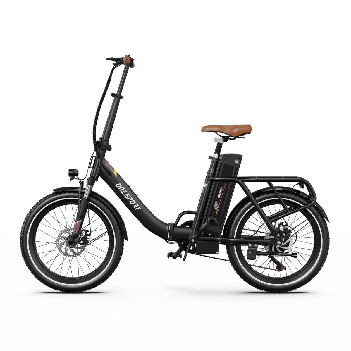 Bicicleta eléctrica negra OneSport OT16 Pro en vista lateral, con sillín marrón, batería, portaequipajes y frenos de disco