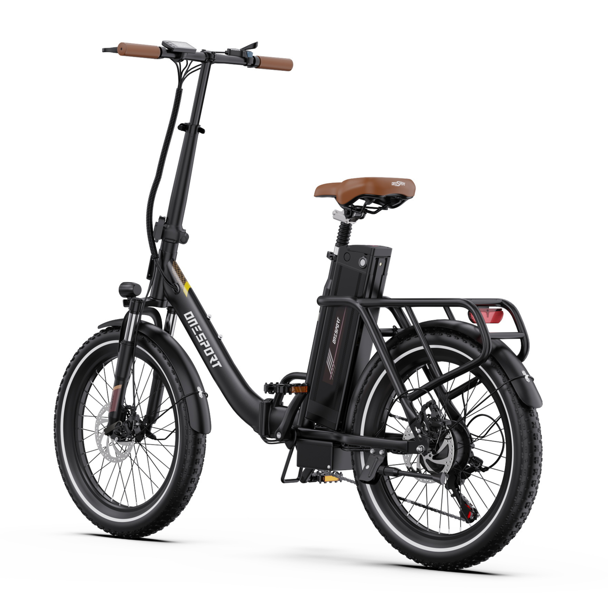 Bicicleta eléctrica OneSport OT16 Pro negra, vista trasera en ángulo con portaequipajes, batería y sillín marrón