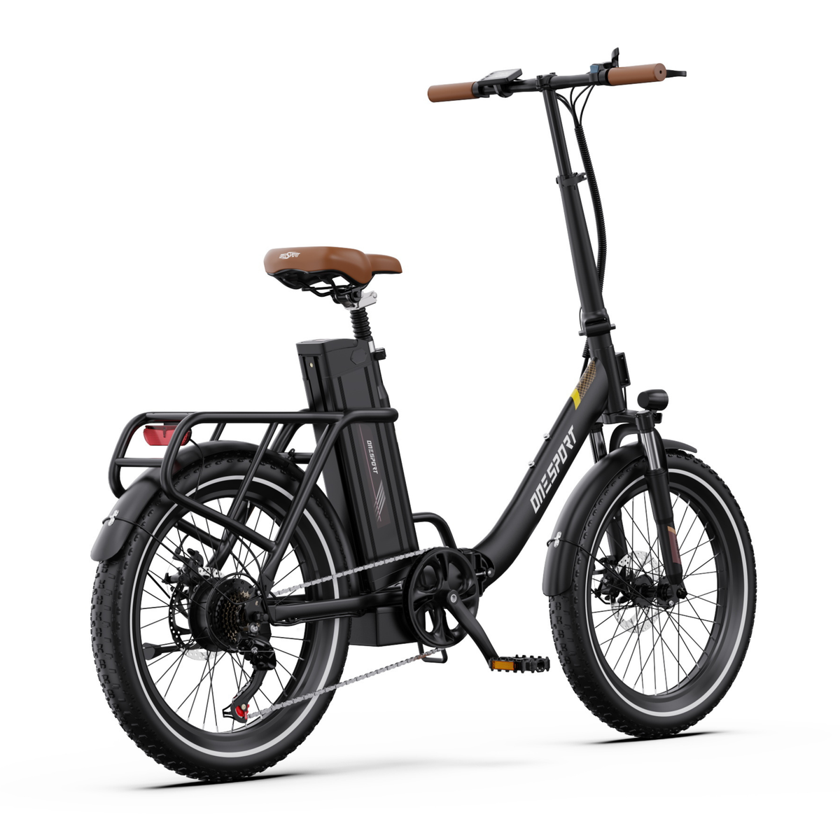 Bicicleta eléctrica OneSport OT16 Pro negra, vista trasera en ángulo desde el lado derecho con cadena, pedal y portaequipajes