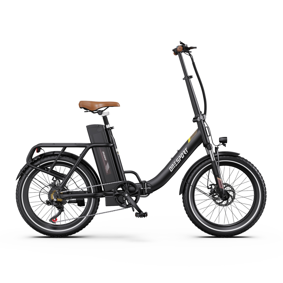 Bicicleta eléctrica OneSport OT16 Pro negra vista de perfil, con cuadro de paso bajo y sillín marrón