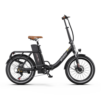 Bicicleta eléctrica OneSport OT16 Pro negra vista de perfil, con cuadro de paso bajo y sillín marrón