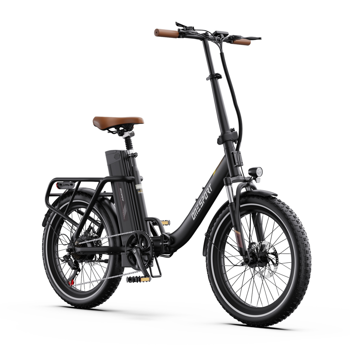 Bicicleta eléctrica OneSport OT16 Pro negra, vista frontal en ángulo con faro delantero, manillar con pantalla y sillín marrón