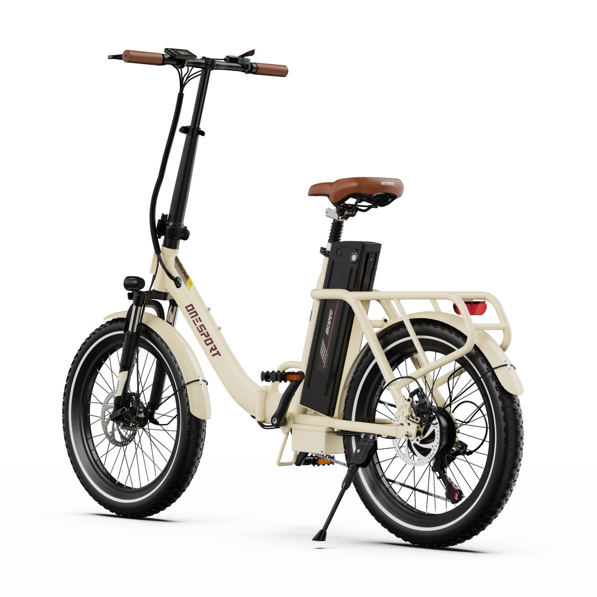 Bicicleta eléctrica OneSport OT16 Pro vista trasera en ángulo, con batería, portaequipajes con luz trasera roja y pata de cabra