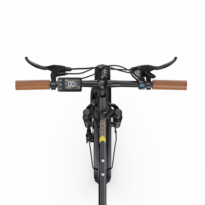 Manillar de la OneSport OT16 Pro visto desde arriba con puños marrones, maneta de freno, pantalla y mando de cambio Shimano