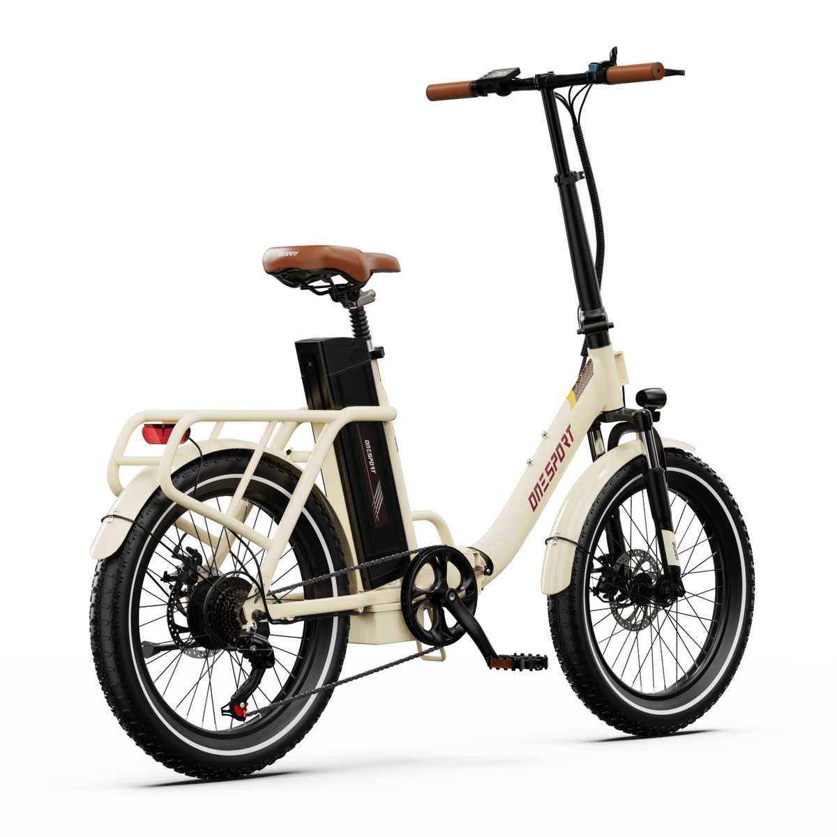 Bicicleta eléctrica OneSport OT16 Pro vista trasera en ángulo desde la derecha, con cadena, pedal, batería y portaequipajes