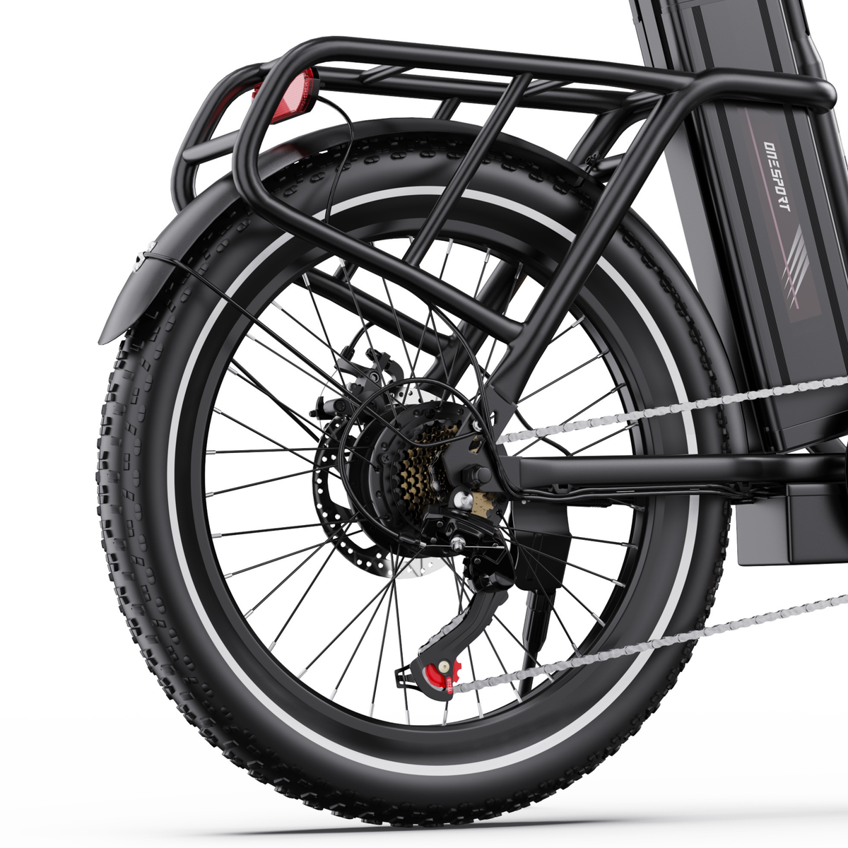 OneSport OT16 Pro, rueda trasera con portaequipajes, luz trasera, freno de disco, cadena y cambio trasero