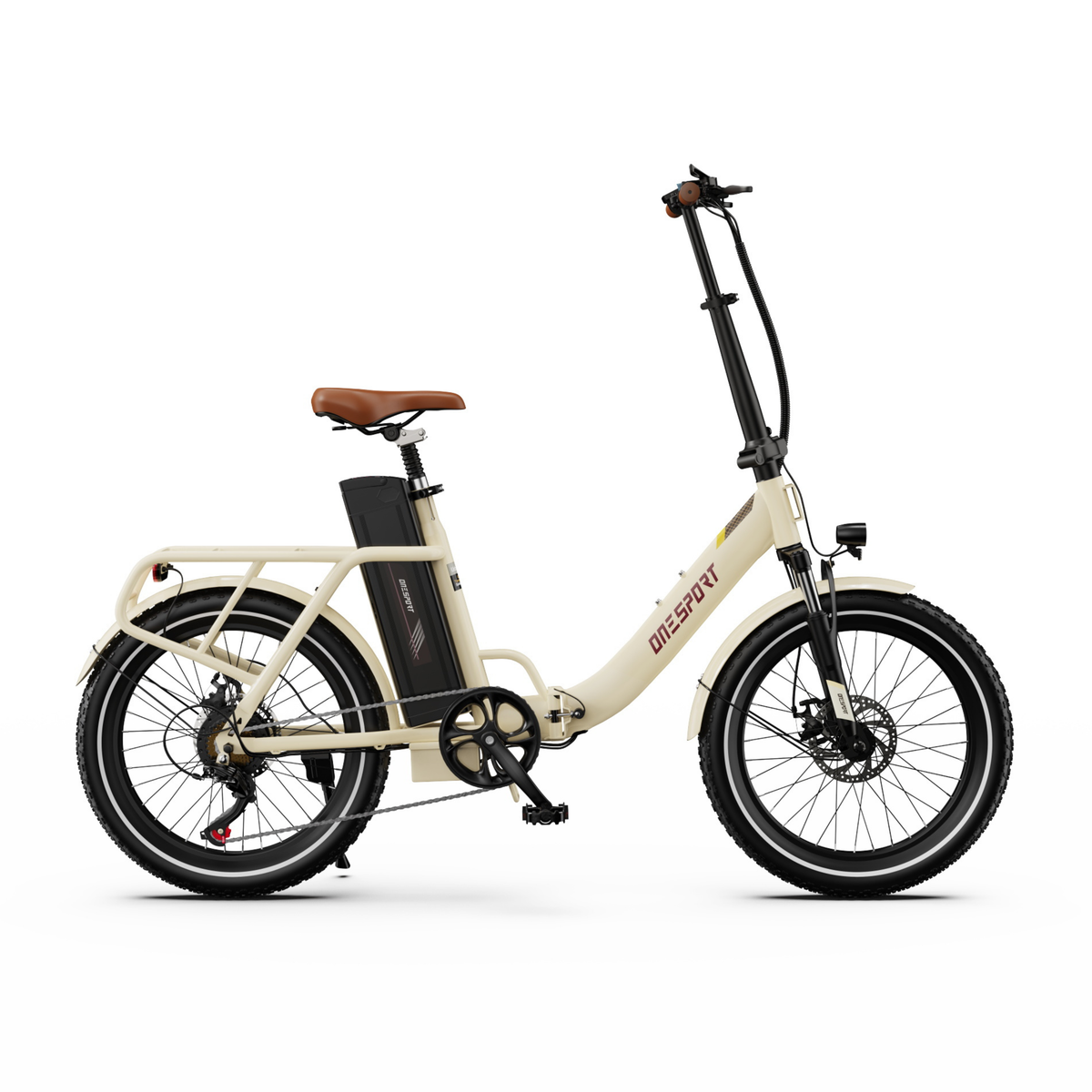OneSport OT16 Pro, bicicleta eléctrica blanco crema vista de lado, con sillín marrón, portaequipajes y batería negra