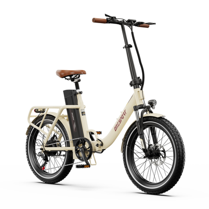 OneSport OT16 Pro, bicicleta eléctrica blanco crema vista frontal en ángulo, con puños marrones, sillín marrón y faro delantero