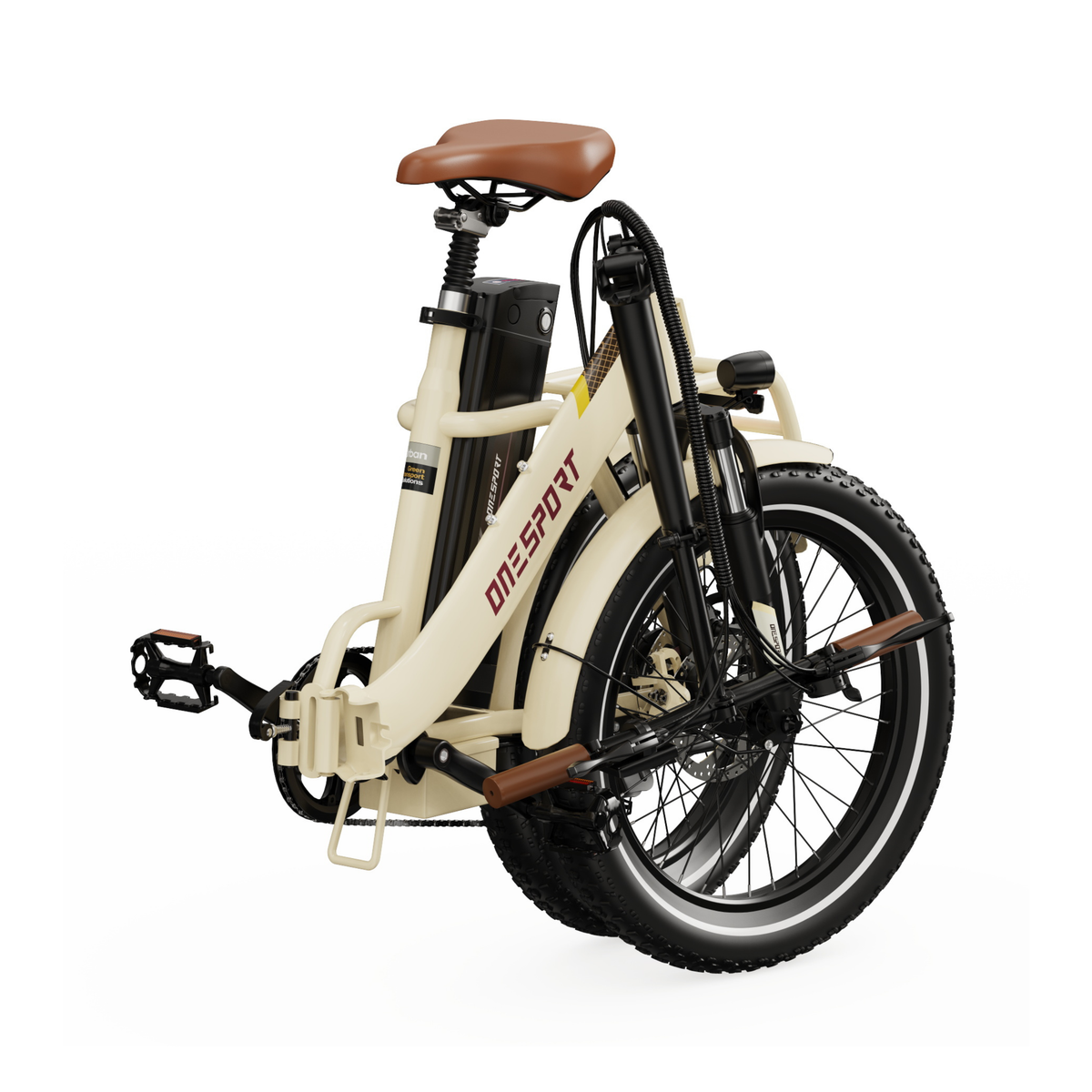 OneSport OT16 Pro, bicicleta eléctrica blanco crema plegada, vista trasera en ángulo, con sillín marrón y pedal