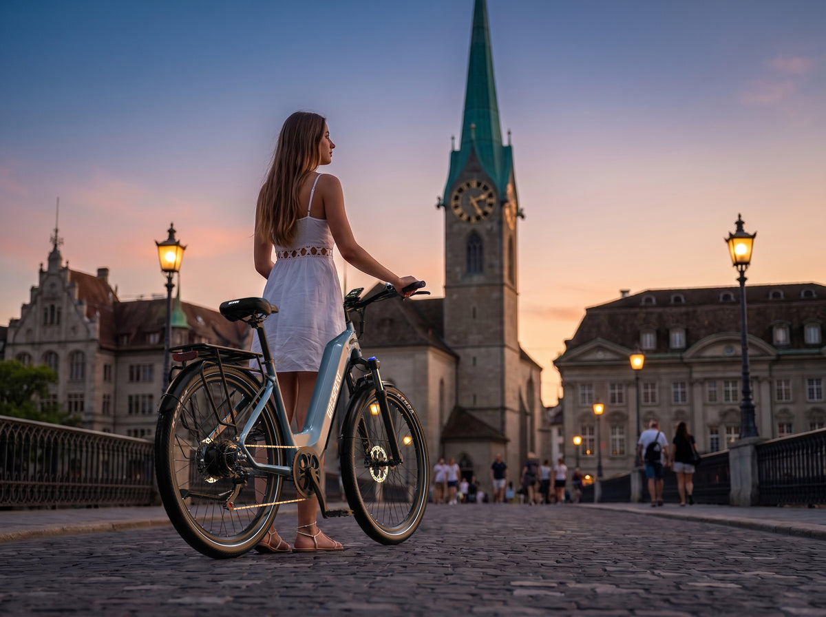 Bicicleta eléctrica OneSport WT05 en un puente empedrado al anochecer, una mujer con vestido blanco de pie junto a la bicicleta