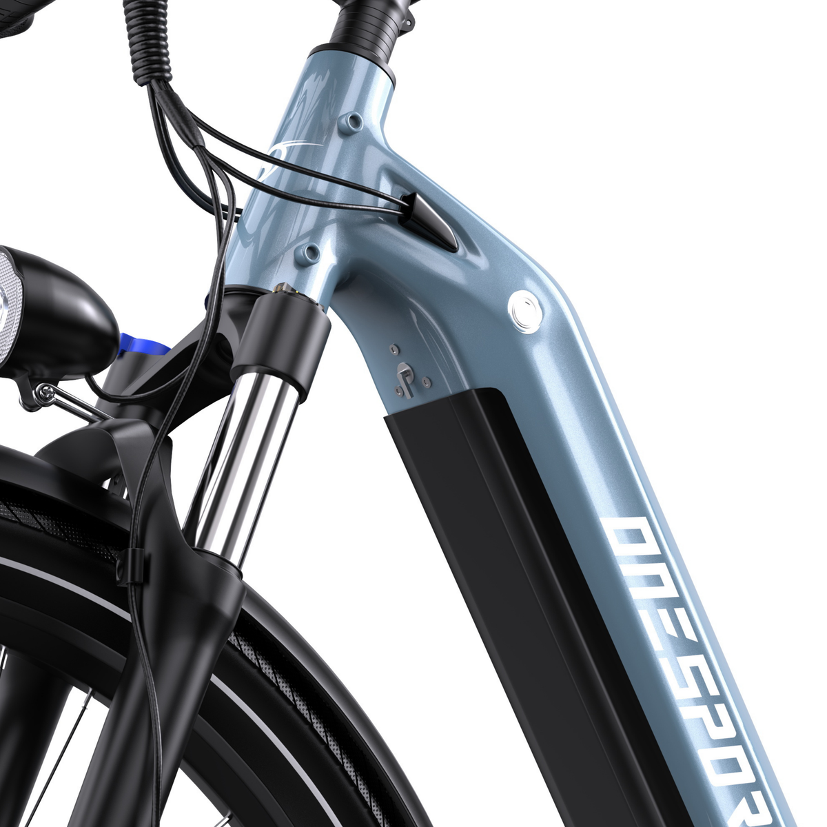OneSport WT05, primer plano de la parte superior del cuadro con cables, faro delantero, horquilla de suspensión y panel negro