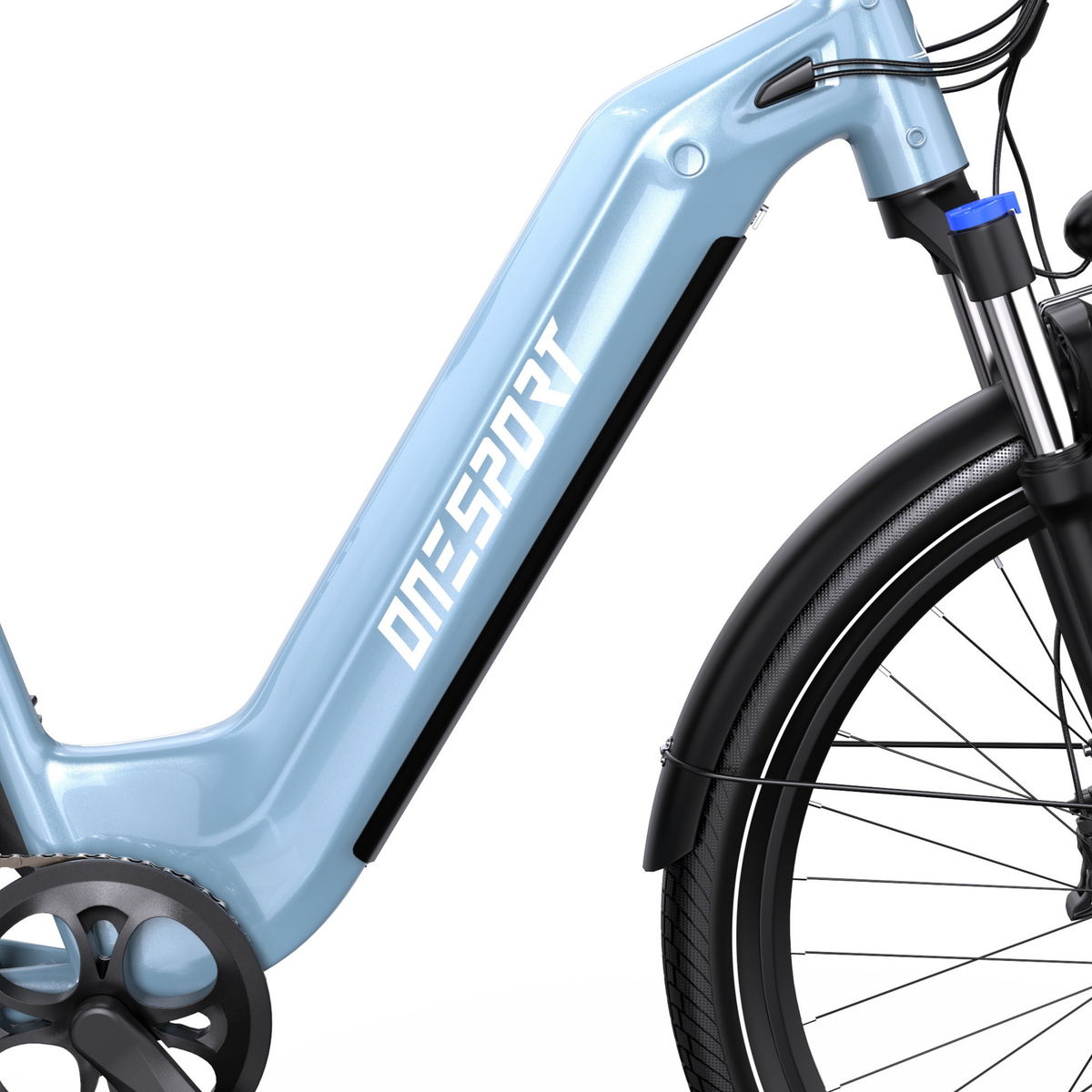 OneSport WT05, primer plano del cuadro azul claro con el logotipo ONESPORT, horquilla delantera y guardabarros negro