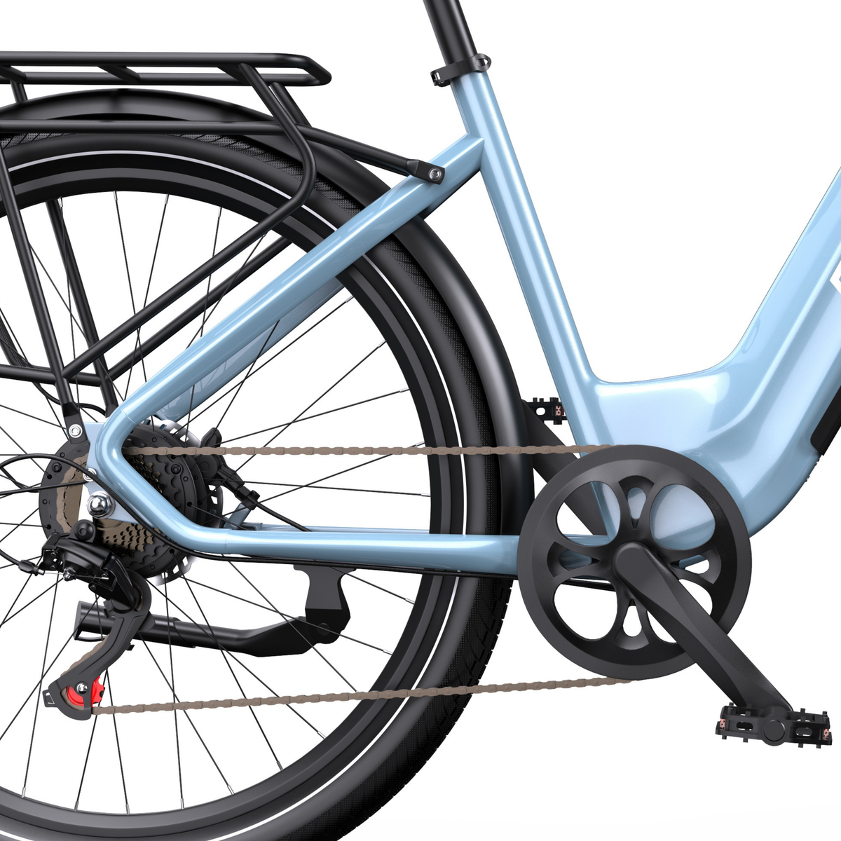 OneSport WT05, vista lateral de la parte trasera del cuadro con portaequipajes, rueda trasera, cadena, biela y pedal