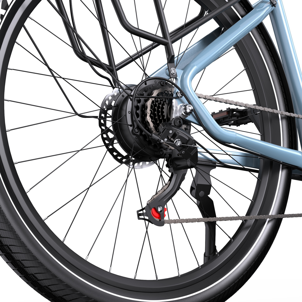 OneSport WT05, primer plano del buje de la rueda trasera con cassette, mando de cambio, disco de freno y portaequipajes