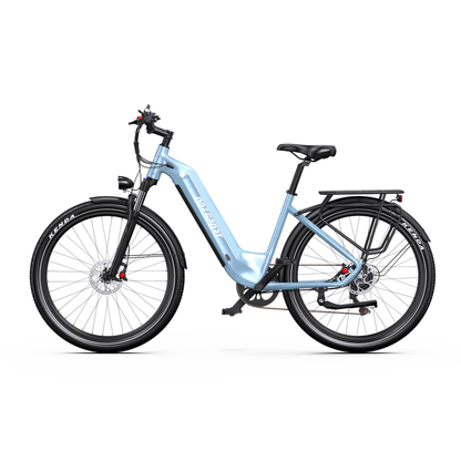Bicicleta eléctrica OneSport WT05 en azul claro, vista de lado, con cuadro de paso bajo y portaequipajes