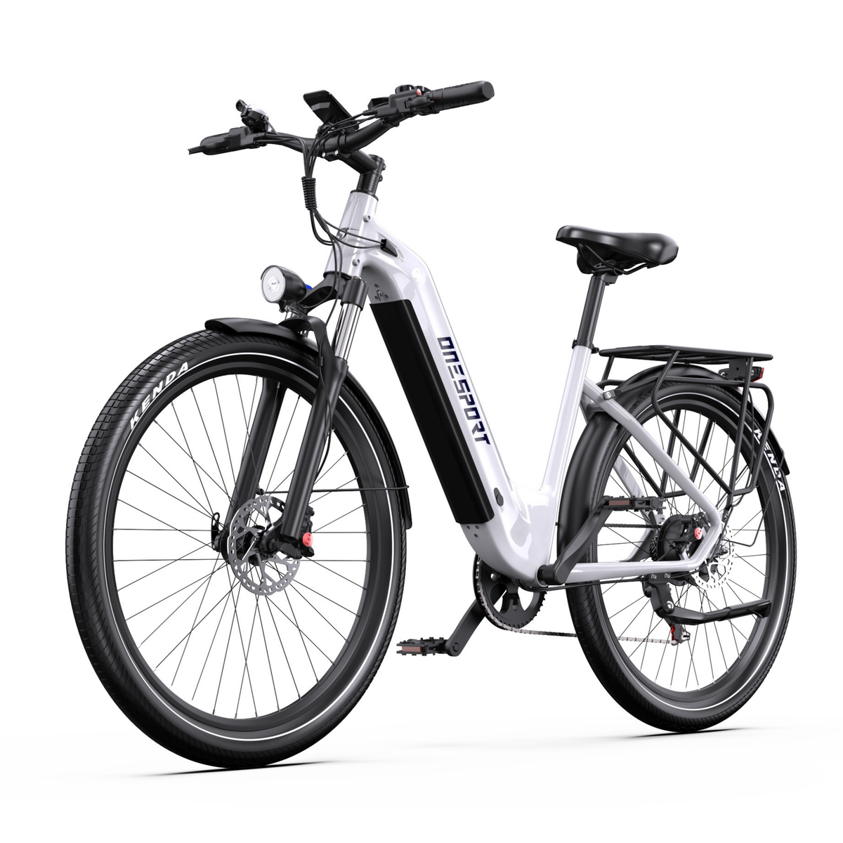 Bicicleta eléctrica OneSport WT05 en blanco, vista en diagonal desde delante con faro delantero, horquilla delantera y portaequipajes trasero