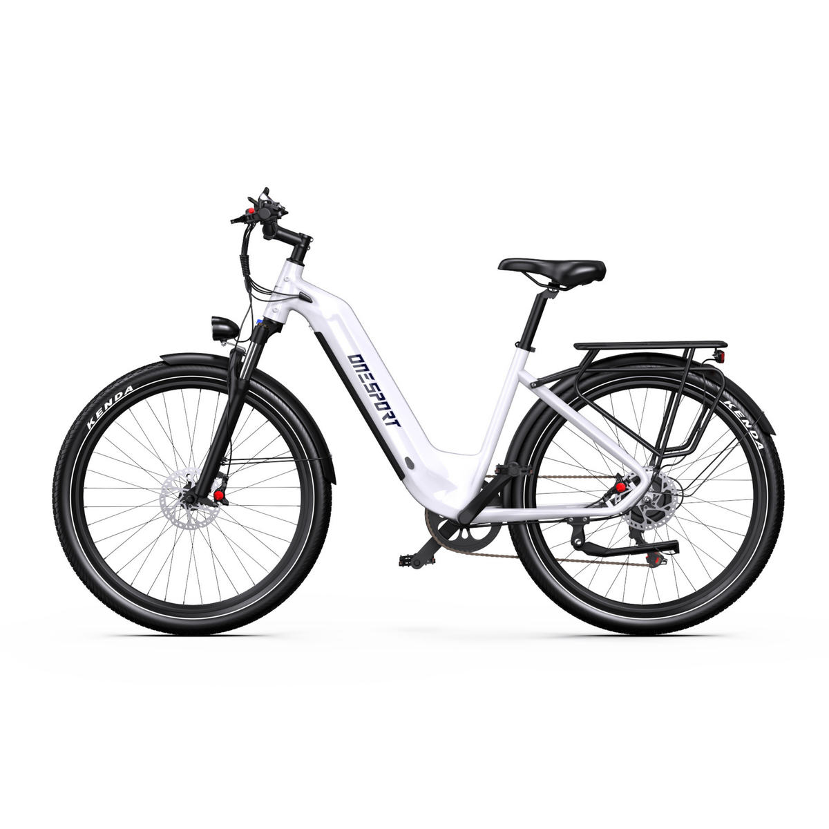 Bicicleta eléctrica OneSport WT05 en blanco, vista lateral con cuadro de paso bajo, guardabarros y portaequipajes