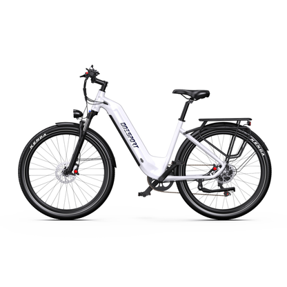 Bicicleta eléctrica OneSport WT05 en blanco, vista lateral con cuadro de paso bajo, guardabarros y portaequipajes