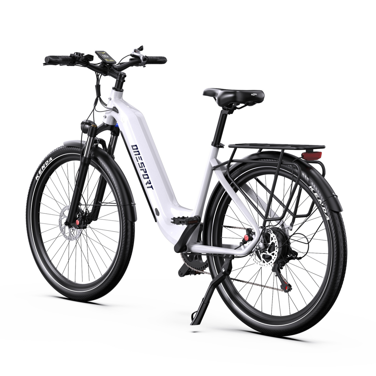 Bicicleta eléctrica OneSport WT05 en blanco, vista en diagonal desde atrás con pantalla en el manillar, portaequipajes, luz trasera y caballete