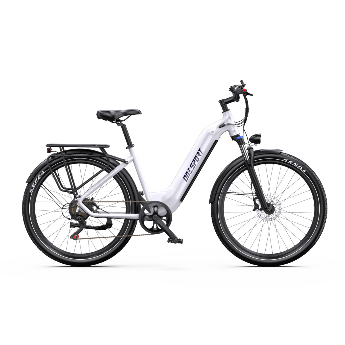 Bicicleta eléctrica OneSport WT05 en blanco, vista lateral con portaequipajes, guardabarros y freno de disco delantero