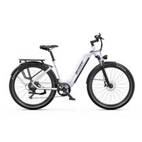 Bicicleta eléctrica OneSport WT05 en blanco, vista lateral con portaequipajes, guardabarros y freno de disco delantero
